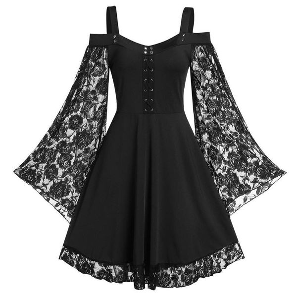 

casual dresses gothic black dress woman clothing punk grunge bandage tight flare sleeve patchwork lace a line autumn partywear, Black;gray