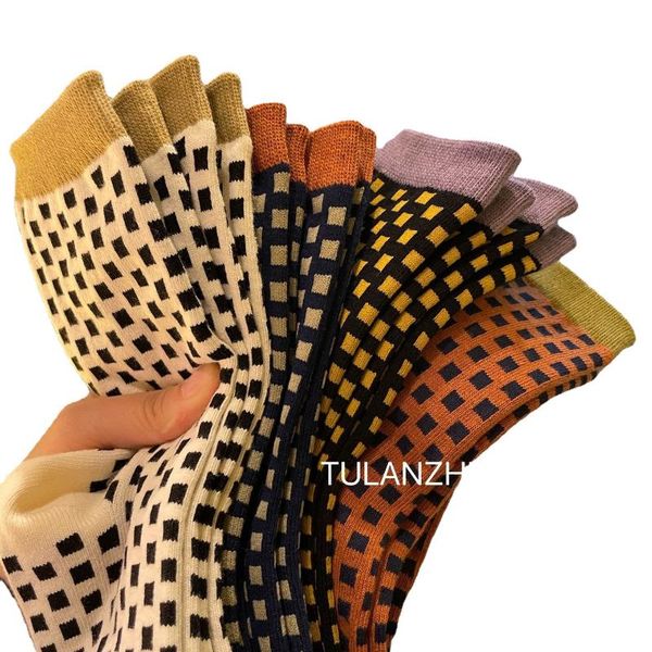 

men's socks 1 pair and women's socks, autumn winter pile of plaid color matching, warmth, fashion trend, Black