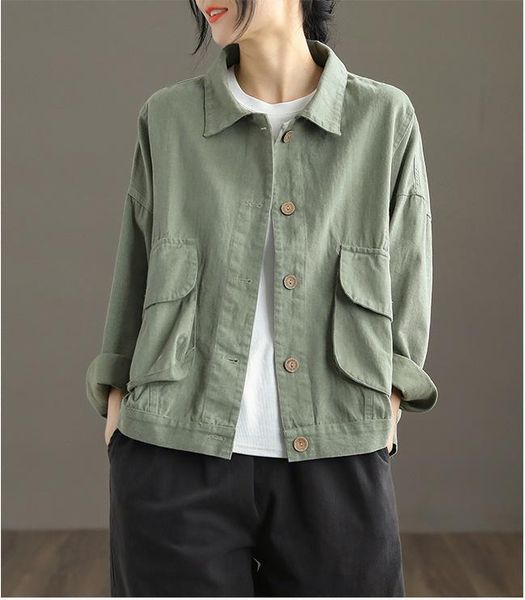 

women's jackets 21 women autumn spring office lady style solid color loose pockets turn-down collar female fashion tooling coat, Black;brown