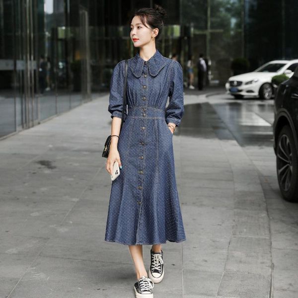 

casual dresses spring autumn women dress turn-down collar dot single button three quarter pockets trumpet jeans for females denim one-piece, Black;gray