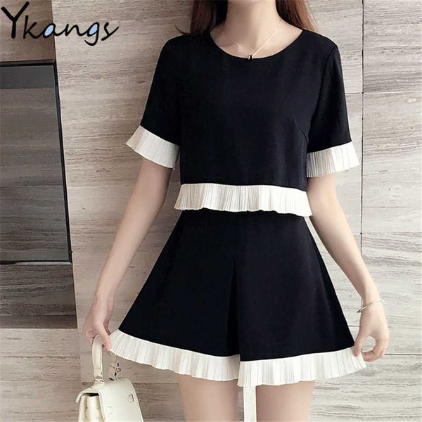 

simple 2pcs sets women cropped o-collar t-shirt mini high waist stitching pleated ruffles shorts casual harajuku streetwear 210619, White