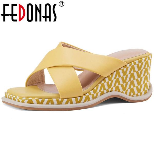 

sandals fedonas mixed colors shoes woman 2021 summer wedged platform genuine leather women party casual female slippers, Black