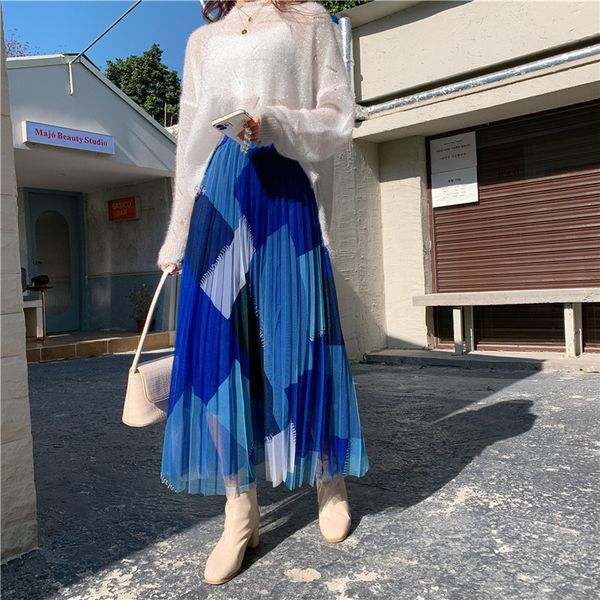 

skirt high waist pleated spring mesh geometric block patchwork plaid fairy long, Black
