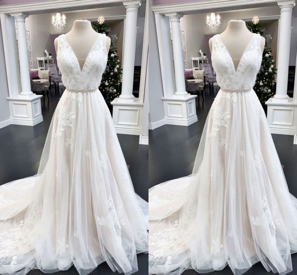 

2022 a-line champagne wedding dress deep v-neck floral lace cap sleeve beach summer bridal dresses plus size for women bohemian, White