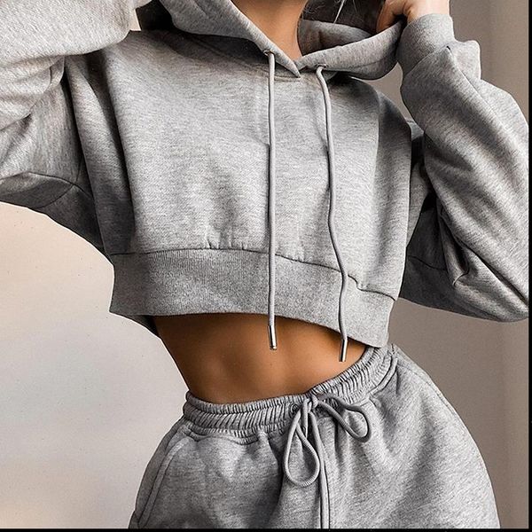 

two piece set solid women tracksuits color short hoodie long pants casual loose fashion gym suits, Gray