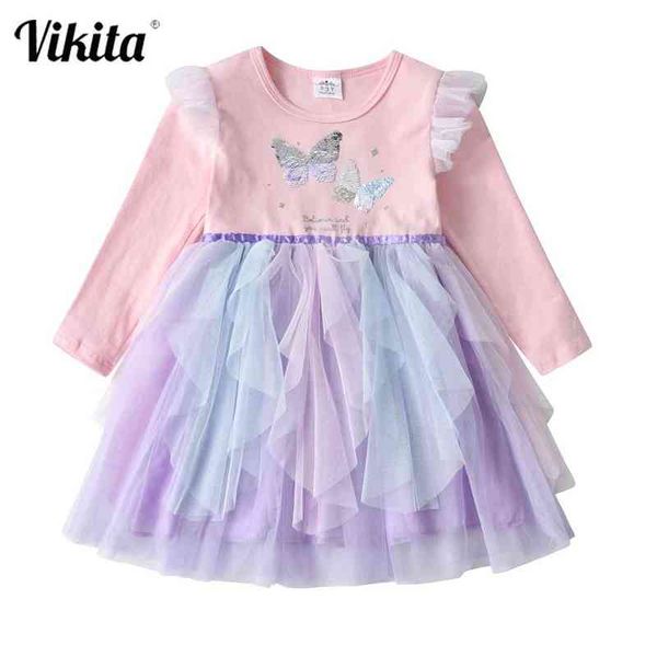 Vikita meninas vestidos lantejoulas de borboleta crianças princesa tutu vestidos toddlers festa de aniversário vestido de baile meninas outono roupas g1215