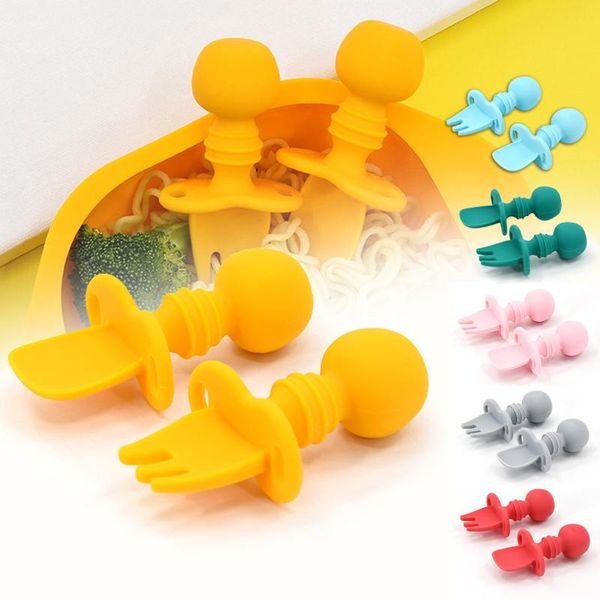 

spoons silicone spoon fork set baby self feeding utensils practical infant training supplies for toddlers tray ye-
