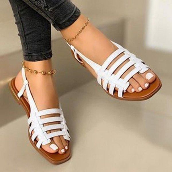

sandals large size roman strap cross women's flat bottom 2021 fashion simple low-heeled retro shoes 28, Black