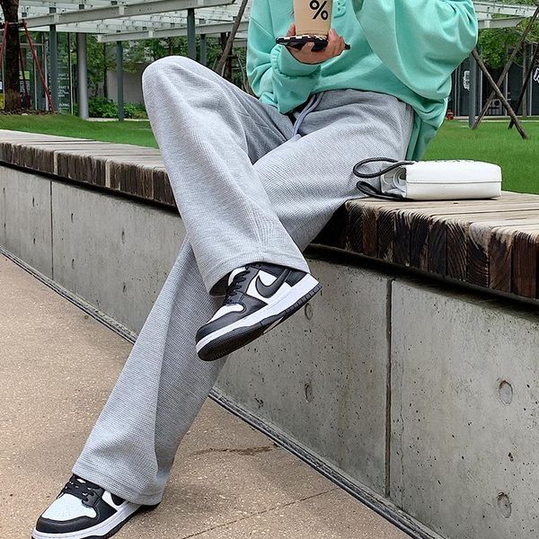 

women's pants & capris autumn waffle wide leg women grey high waist versatile slim straight tube loose drawstring, Black;white