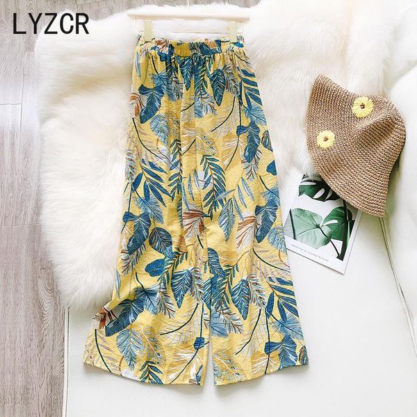 

women's pants & capris lyzcr summer print loose wide leg for women high waist flower trousers casual beach pant female, Black;white