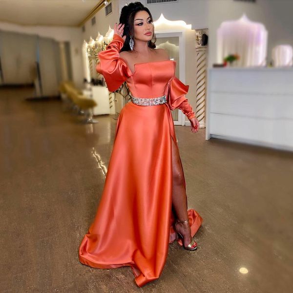 

a-line satin prom dresses strapless beading belt lace up back evening gowns high slit long puffy sleeves party, Black
