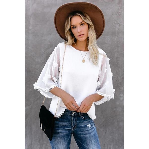 

women's blouses & shirts design good quality factory price fashion selling solid color lace round neck pullover loose chiffon shirt, White