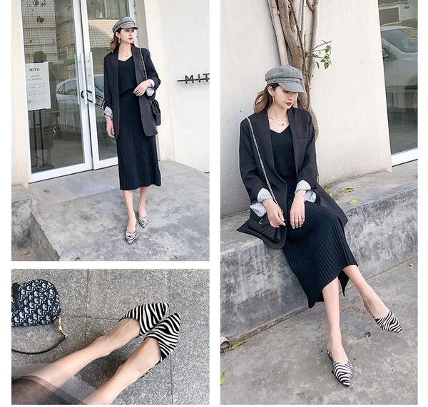 

slippers all women's shoes square heel pointed back empty single shoe patchwork color sheepskin vintage flat ess muller, Black