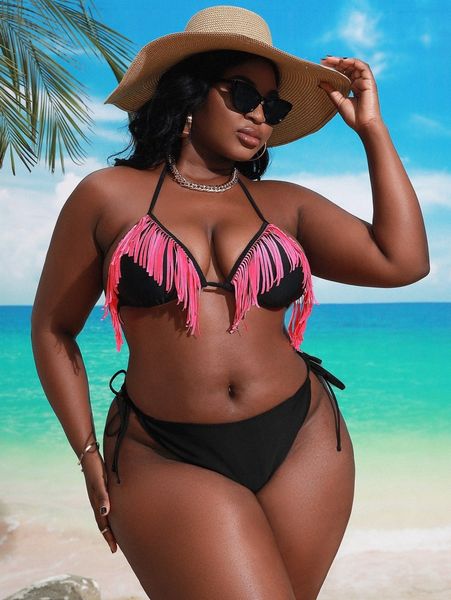 

plus fringe trim triangle tie side bikini swimsuit q63r#, Black