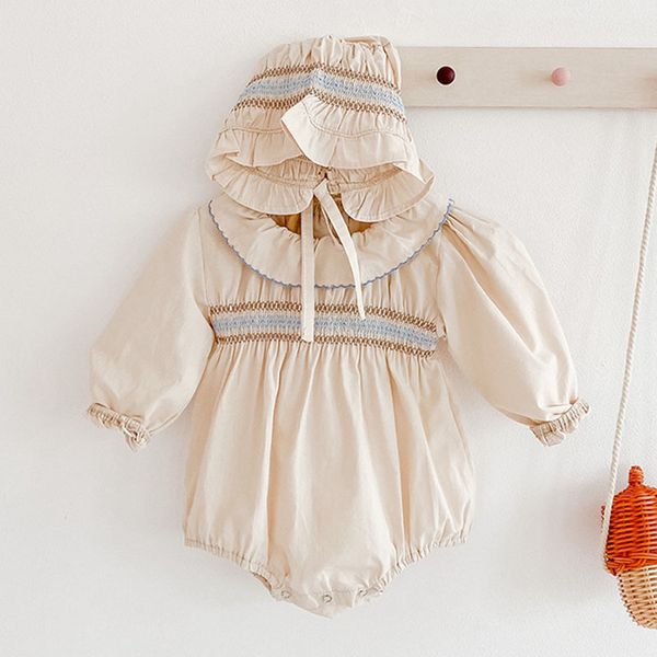 

born girls jumpsuits clothes autumn baby lotus leaf collar rompers + hat knitted long sleeve children 210429, Blue