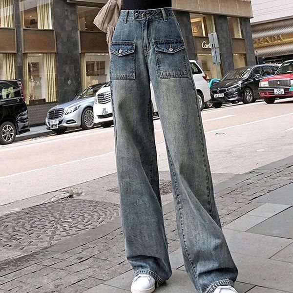 

women's jeans women wide leg long autumn pockets retro female straight denim pants loose streetwear casual ladies trousers bottom, Blue