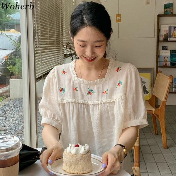 

women's blouses & shirts woherb blusas mujer summer embroidery floral ruffles see through puff sleeve korean vintage blouse women, White