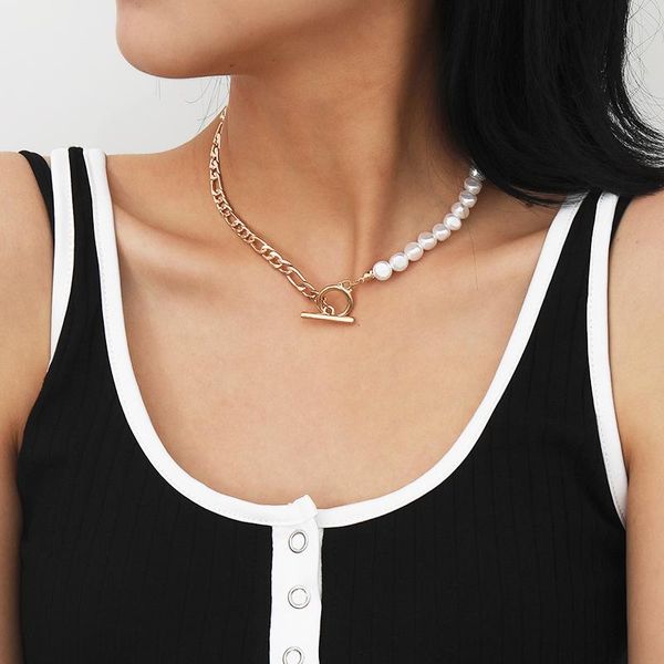 

pendant necklaces tarcliy trendy half figaro link chain pearl choker necklace asymmetric toggle clasp vintage geometric women jewelry, Silver