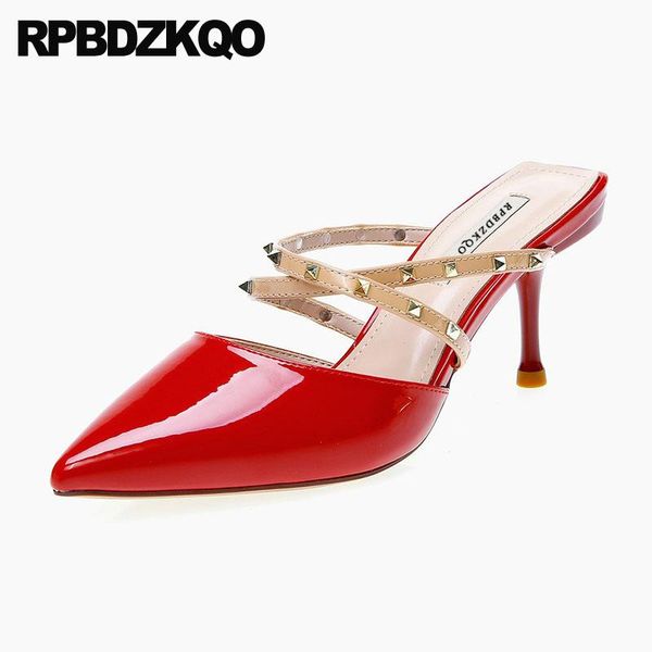 

genuine leather shoes mary jane pumps patent rivet red stiletto heels high yellow pointed toe celebrity ladies stud scarpin dress, Black