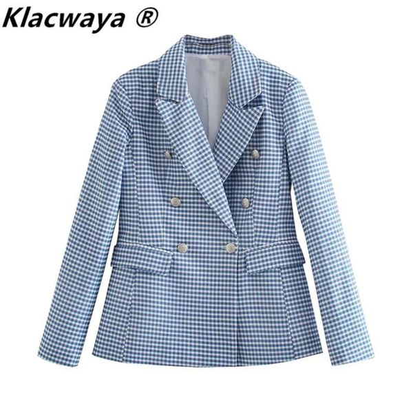 

klacwaya women blazer plaid printing double-breasted long sleeve coat ladies office blazers casual suit jacket 210929, White;black