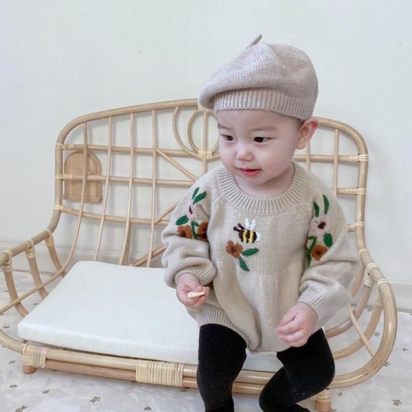 

2021 new cute baby girl knitted bodysuit flower embroidery jumpsuit baby girl spring long sleeve sweaters bodysuit, Blue