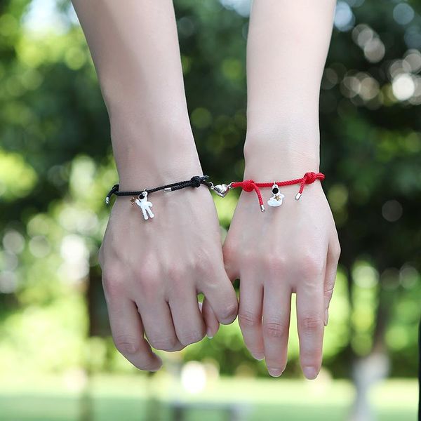 

charm bracelets 2pcs/set astronaut couple magnetic distance bracelet lovers heart matching friendship rope braided kit jewelry, Golden;silver