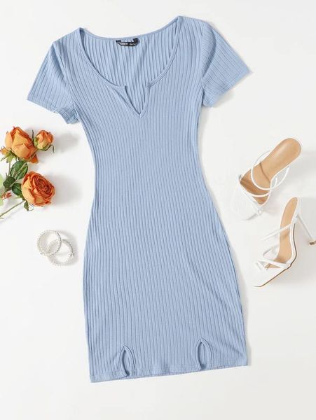 

solid notched neck rib-knit dress she, Black;gray