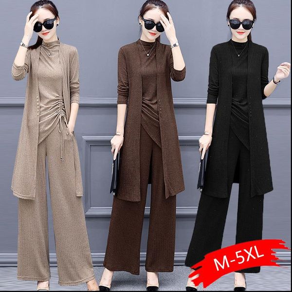 

knitted 3 pieces set tracksuit womens tracksuits long sleeve cardigan and sleeveless pullover wide leg pants suit sets, Gray