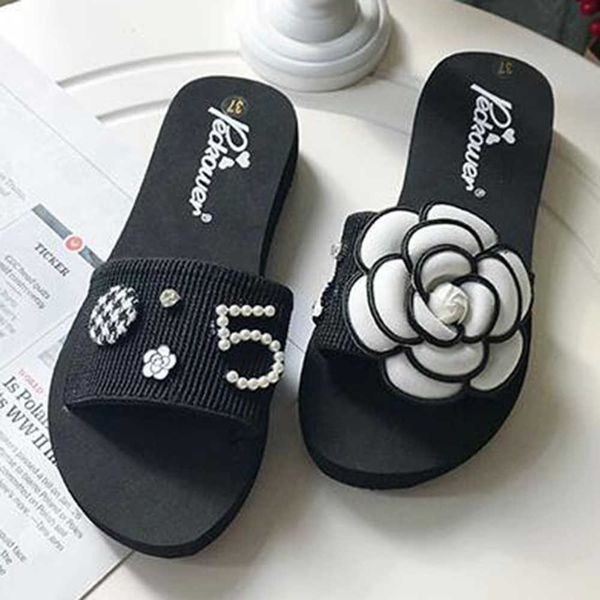 

women summer sandals slipper indoor outdoor flip-flops beach shoes light luxury fashion female casual flower slippers qq684 210625, Black