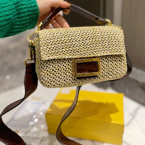 

straw woven baguette bag women handbag flap purse shoulder crossbody bags raffia craft genuine leather trim fashion letter printed detchable