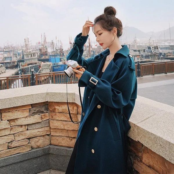 

women's trench coats vintage wine red elegant mid-length double breasted coat plus sashes women dark blue khaki black loose casual autu, Tan;black