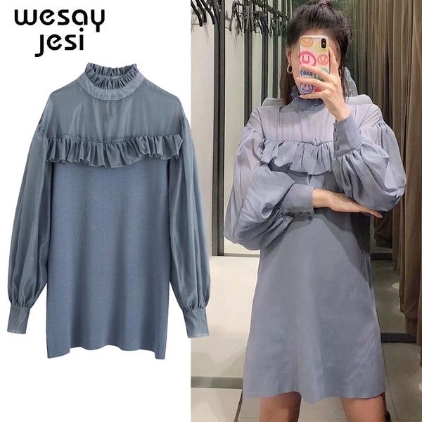 

autumn fashion women's long-sleeved shirt with ruffled trim lantern sleeves loose long light blue stitching commuter blouse blouses & s, White