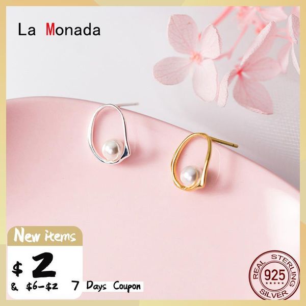 

stud la monada small silver earrings for women hollow 925 sterling woman fake pearl female fashion ear piercing, Golden;silver