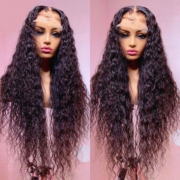 

synthetic wigs black loose curly glueless 13x4 lace front wig baby hair water wave heat resistant fiber half hand tied