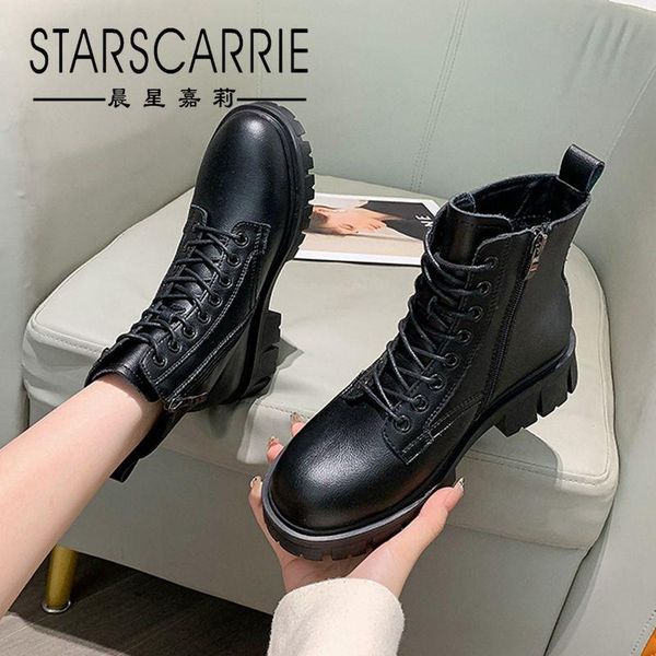 

boots women's fall/winter 2021 side zipper leather riding british style thick-soled motorcycle, Black