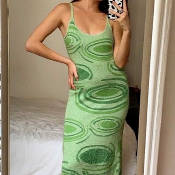 Sexy Print Knit Bodycon Dress Mulheres Verde Y2K Party Dress Driver Hollow Sem Mangha Spaghetti Strap Beach Midi Vestidos Verão Y0603