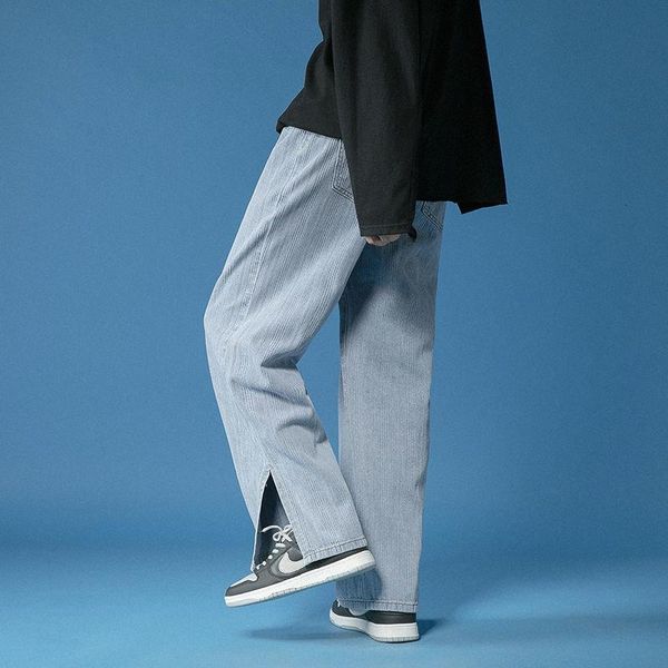 

men's jeans striped men korean straight leg pants fashion loose casual blue gray streetwear retro denim trousers