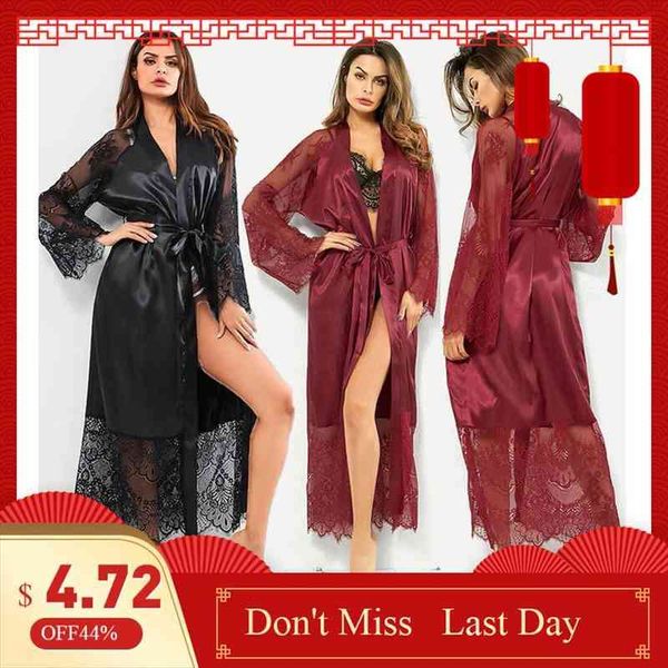 

satin robe bathrobe women sleepwear lingerie belt simulation silk lace long sleeve dressing gown vestaglia, Black;red