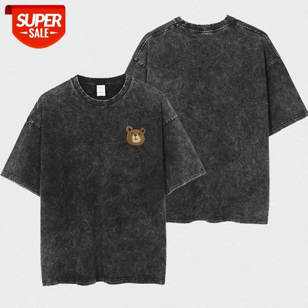 

oversize loose retro edging short-sleeved bear embroidery bottoming shirt for men and women washed old hip-hop t-shirt #1f6r, White;black