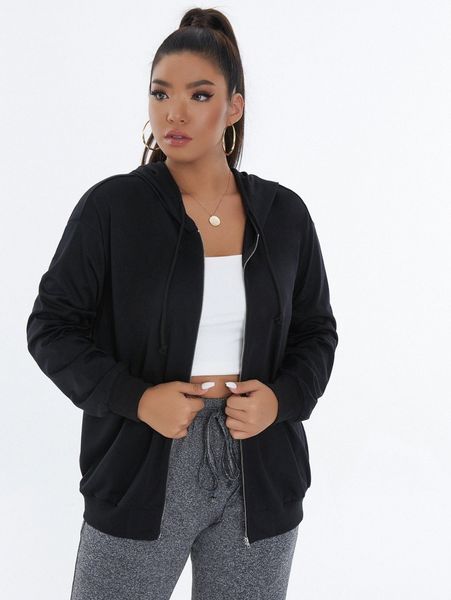 

plus drop shoulder drawstring zipper hoodie q0q9#, Black