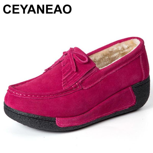 

boots ceyaneao2021 genuine leather platform winter women shoes warm plush wedge woman comfort lace up casual ladies shoese859, Black
