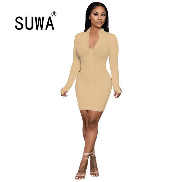 

women winter fall bodycon ribbed dress stand collar zipper deep v-neck solid stretch pencil party mini vestido 210525, Black;gray