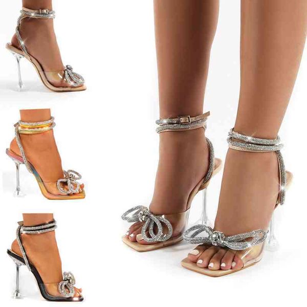 

70% off wholesale flip-flops rhinestone bowknot women sandals jelly transparent perspex high heels summer square toe ankle buckle strap shoe, Black