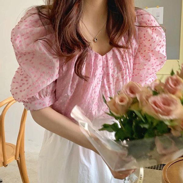 

women's blouses & shirts matakawa summer chiffon women sweet fresh v-neck blusas three dimensional dot design loose puff sleeve ladies, White