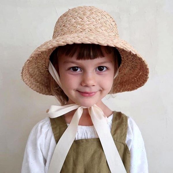 

wide brim hats 2021 children hand-knitted raffia retro flat sun girls and boys summer travel sunscreen vacation straw hat with lacing, Blue;gray