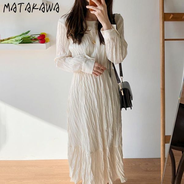 

casual dresses matakawa slim waist femme robe korea chic autumn round neck vestidos pleated long sleeve woman dress, Black;gray