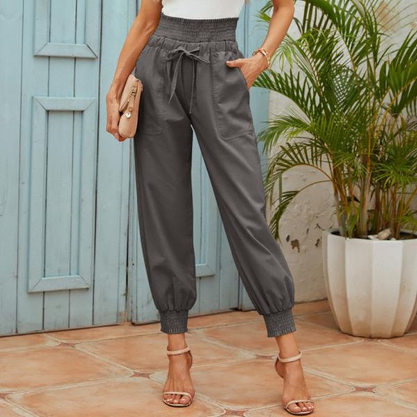 

women's pants & capris women spring summer loose-fitting trousers casual elasticated solid color pocket breathable stitching drawstring, Black;white