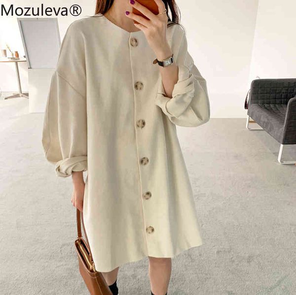 

minimalism loose solid women dress summer casual vestidos puff sleeve o-neck single-breasted female mini 210427, Black;gray