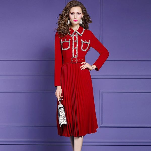 

elegant fashion lady autumn winter dresses long sleeve turn down collar pleated vintage vestido mid calf office party robe femme casual, Black;gray