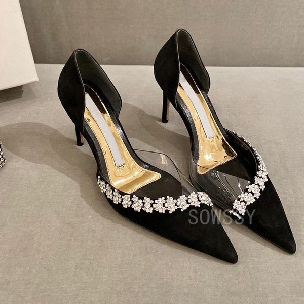 

dress shoes 2021 spring summer women high heels fashion rhinestone flower decor pointed toe kitten party shallow pumps, Black